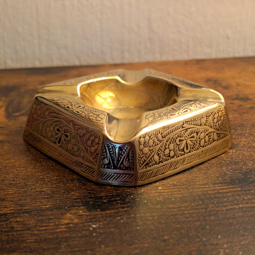 Engraved metal floral ashtray - metal,